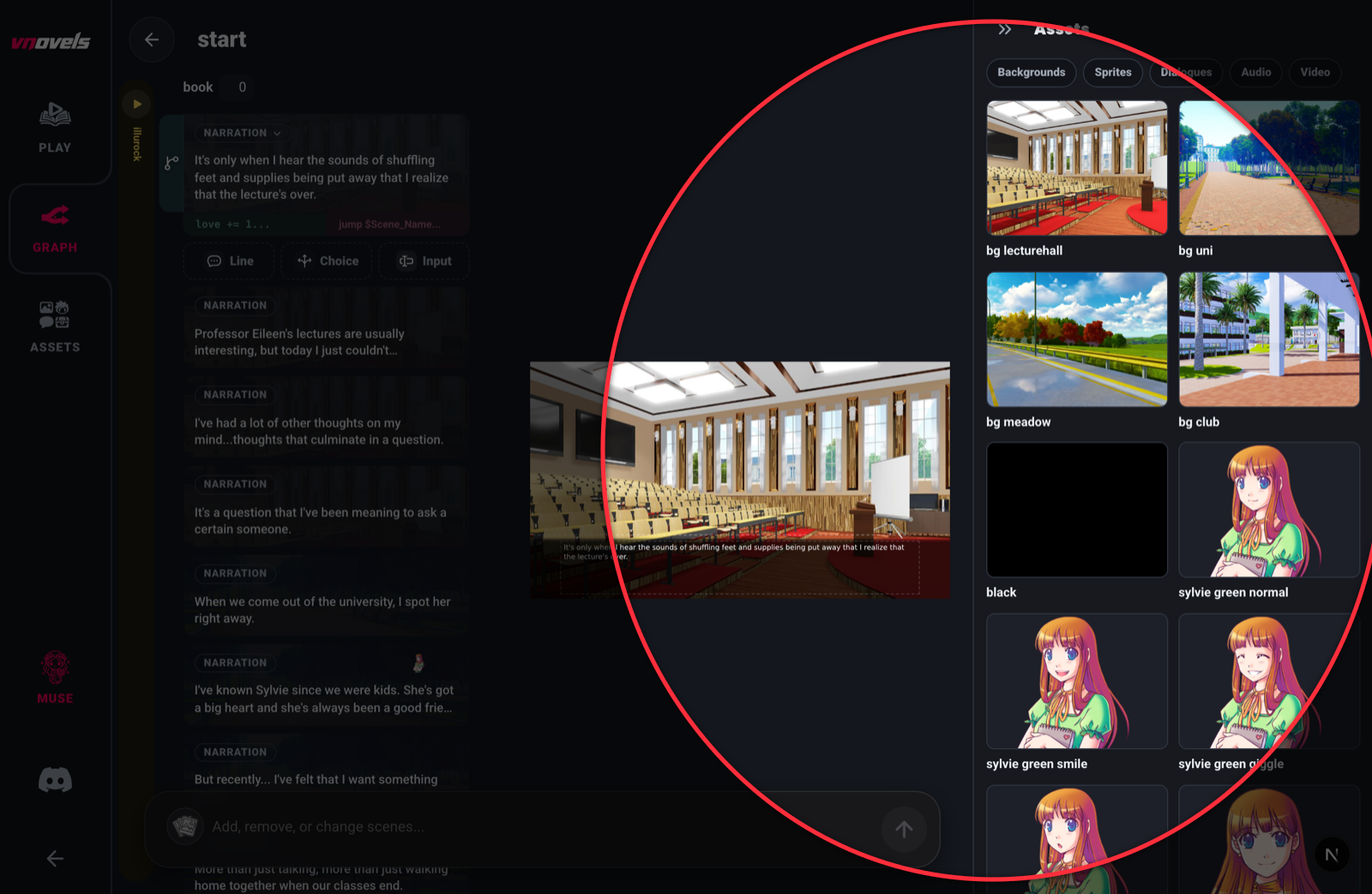 The scene editor with the Assets panel on the right highlighted