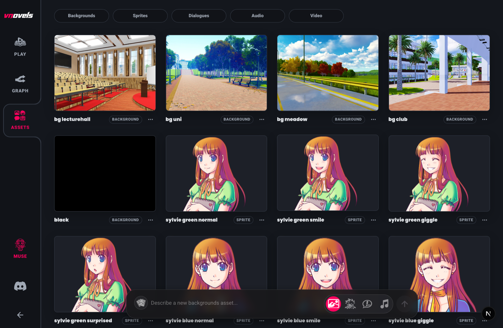 The Assets view with a grid of backgrounds and characters