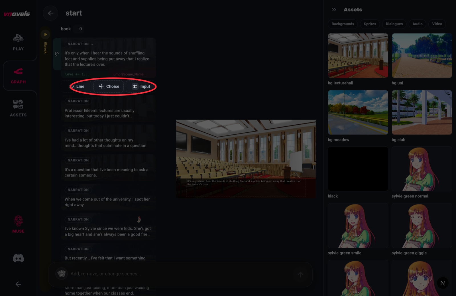 The scene editor timeline with the Line, Choice, and Input buttons highlighted